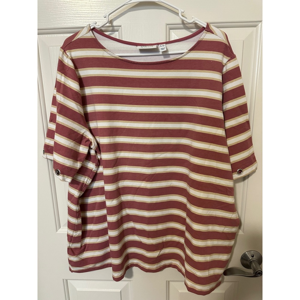 Denim & Co Top Women 2X Rose Striped Active Short Sleeve Grommet Detail Tee